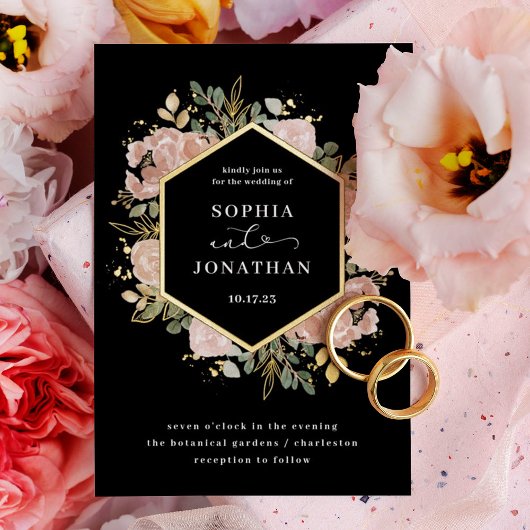 Zwart Neutraal Waterverf Bloemenbruiloft | Goud Folie Uitnodiging