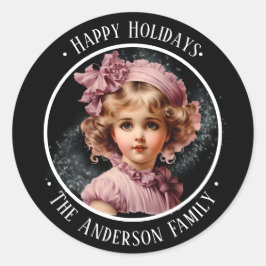 Zwart Nostalgisch Gelukkig Vakantie met meisje in  Ronde Sticker