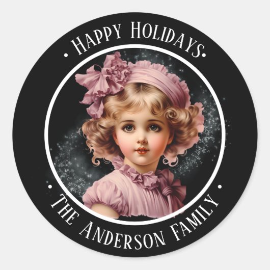 Zwart Nostalgisch Gelukkig Vakantie met meisje in  Ronde Sticker (Voorkant)