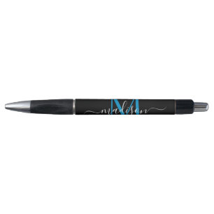 Zwart Ocean Blue Monogram Script Naam Stijlvol Pen