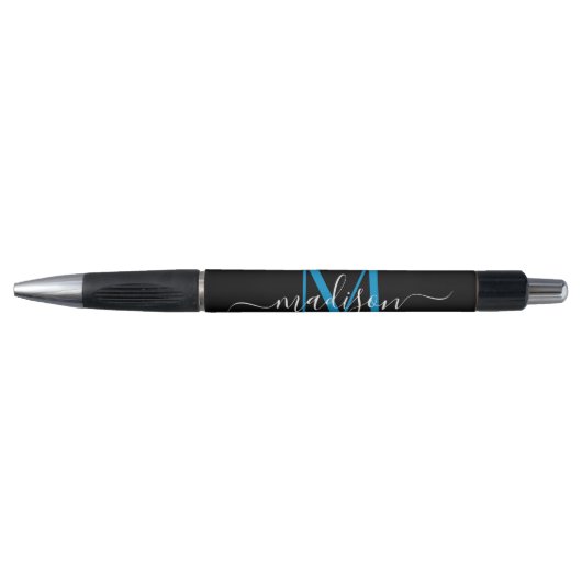 Zwart Ocean Blue Monogram Script Naam Stijlvol Pen (Voorkant)