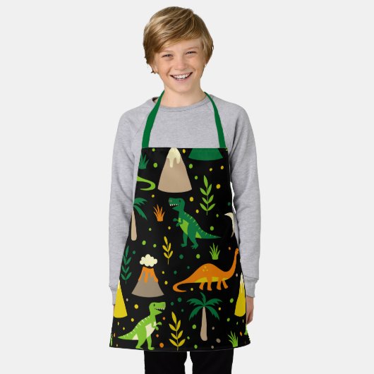 Zwart Oerwoud Dinosaurus Dino Volcano Schort (Gedragen)
