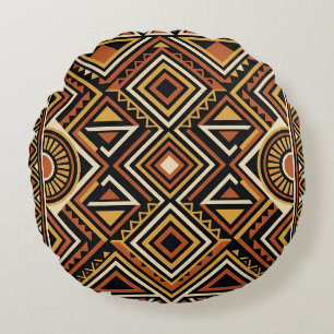 Zwart Oker Boho Abstract Oppervlaktepatroon Rond Kussen