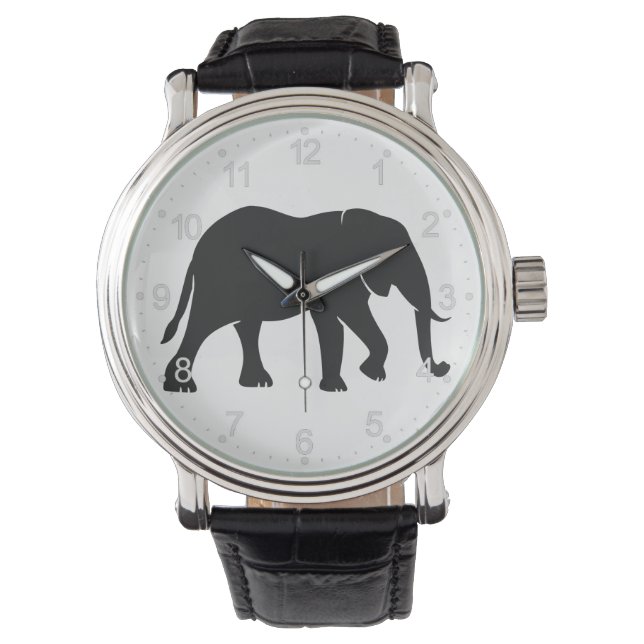 Zwart olifantenillustratiedier op Zoo Silhouet Horloge (Voorkant)