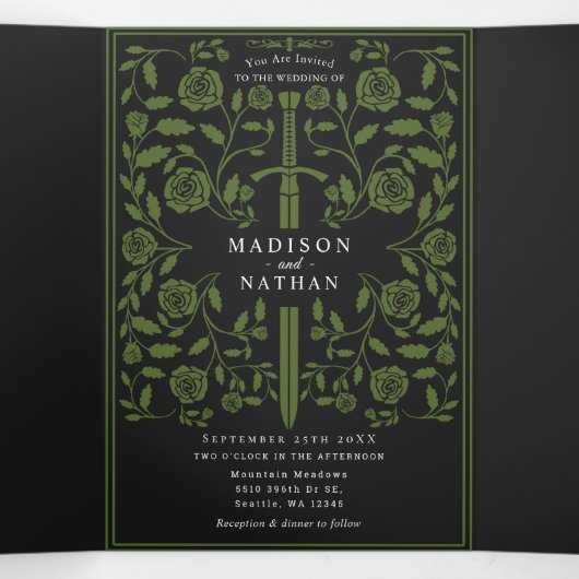 Zwart Olijf Royal middeleeuws zwaard bruiloft Drieluik Uitnodiging (Binnenkant midden)