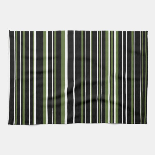 Zwart, Olijfgroen, Witte Barcode Streep Theedoek (Horizontaal)