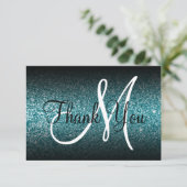 Zwart Ombre Blauwgroen Glitter Monogram Bedankkaart (Staand voorkant)