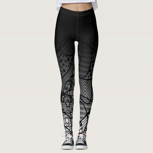 Zwart ombre met zwart-wit patroon Abstract 4 Leggings (Voorkant)