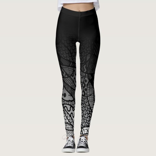Zwart ombre met zwart-witpatroon Abstract Leggings (Voorkant)