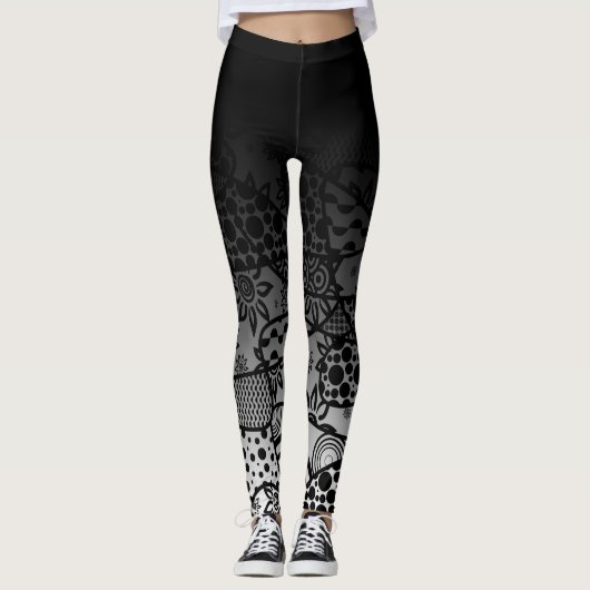 Zwart Ombre w / Zwart & Wit Patroon Abstract 3 Leggings (Voorkant)