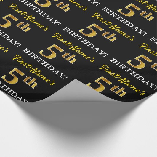 Zwart, onecht goud "5th BIRTHDAY" Cadeaupapier (Hoek)