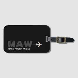 Zwart ontwerp met reizigersnaam/initialen bagagelabel