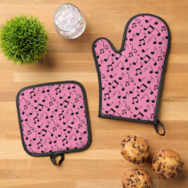 Zwart ontwerp voor muzieknoten ovenwant & pannenlap set