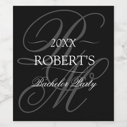 Zwart Onyx Minimalistisch Monogram Vrijgezellenfee Wijn Etiket (Enkel label)