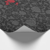 Zwart op Black Red Rose Modern Damask Floral Cadeaupapier (Hoek)