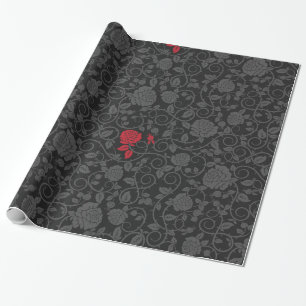 Zwart op Black Red Rose Modern Damask Floral Cadeaupapier