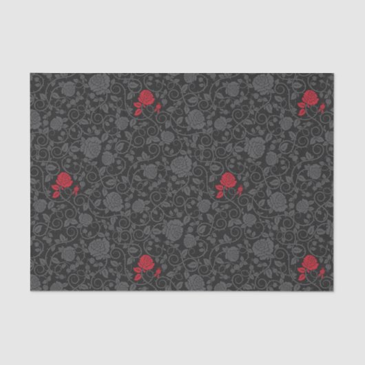 Zwart op Black Red Rose Modern Damask Floral Tissuepapier (Voorkant)