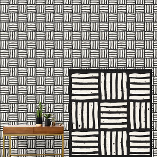 Zwart op Bone Grid Squares Basketweave Behang
