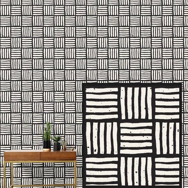 Zwart op Bone Grid Squares Basketweave Behang (Creator heeft geüpload)