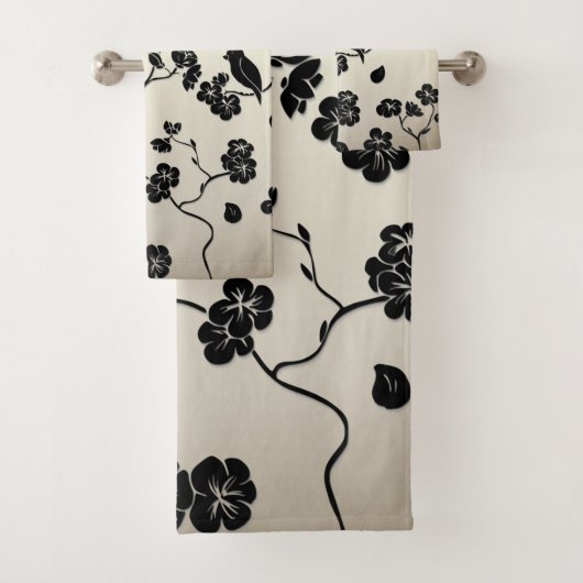 Zwart op Bronze Pattern Birds and Cherry Blossom Bad Handdoek (Insitu)