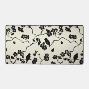 Zwart op Bronze Pattern Birds and Cherry Blossom Bureaumat