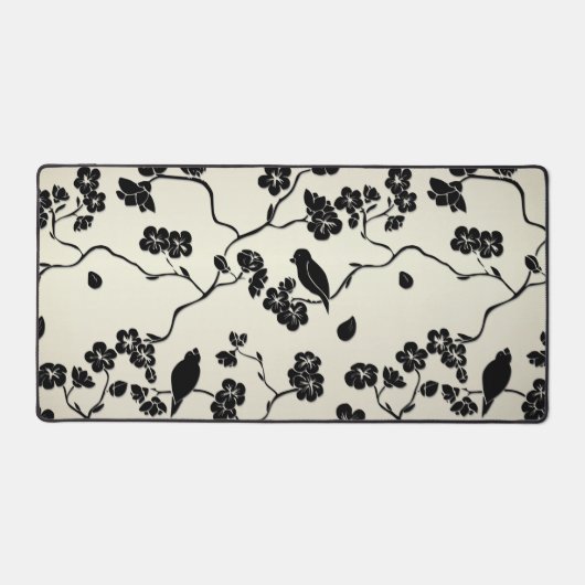 Zwart op Bronze Pattern Birds and Cherry Blossom Bureaumat (Voorkant)