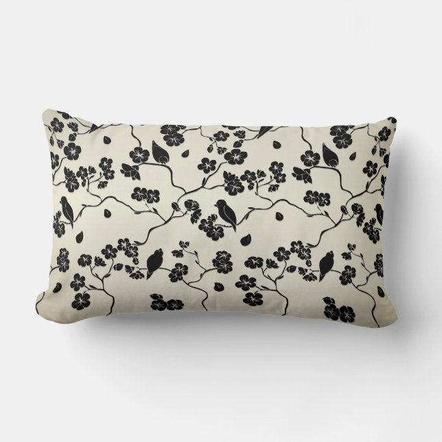 Zwart op Bronze Pattern Birds and Cherry Blossom Kussen (Voorkant)