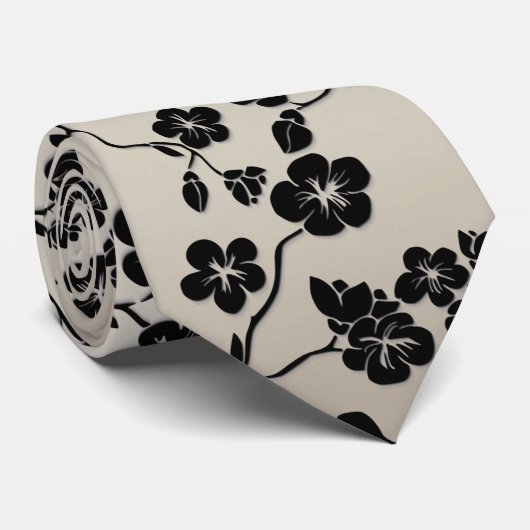Zwart op Bronze Pattern Birds and Cherry Blossom Stropdas (Opgerold)