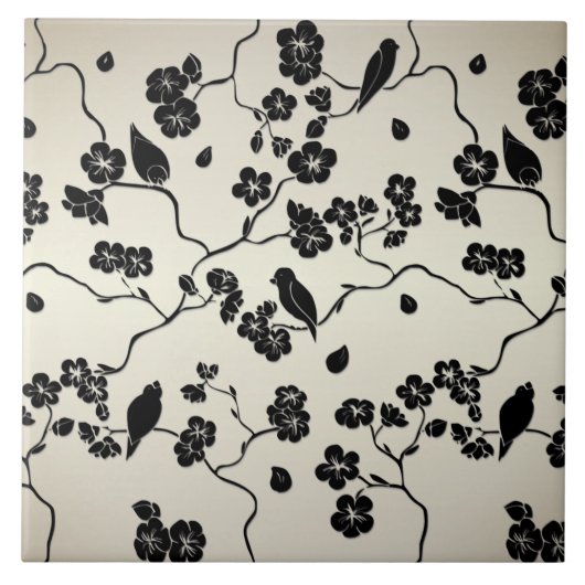 Zwart op Bronze Pattern Birds and Cherry Blossom Tegeltje (Voorkant)