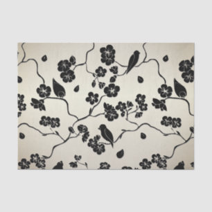 Zwart op Bronze Pattern Birds and Cherry Blossom Tissuepapier