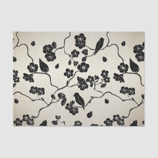 Zwart op Bronze Pattern Birds and Cherry Blossom Tissuepapier (Voorkant)