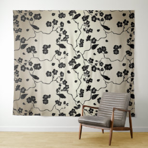 Zwart op Bronze Pattern Birds and Cherry Blossom Wandkleed