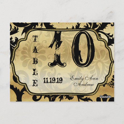 Zwart op Gold Damask Swirls Table Number Briefkaart (Achterkant)