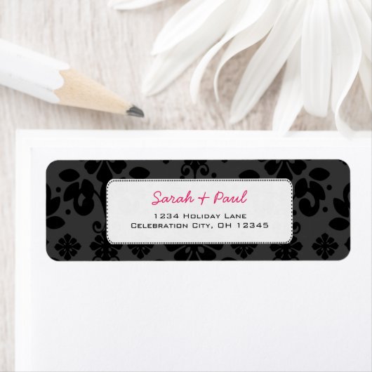 Zwart op grijs Floral Damask Return Address Label (Insitu)