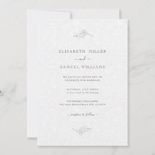 Zwart op pluche wit paisley minimale bruiloft kaart (Voorkant)