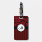 Zwart op Red Floral Wisps & Stripes met monogram Bagagelabel (Achterkant verticaal)