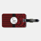 Zwart op Red Floral Wisps & Stripes met monogram Bagagelabel (Achterkant horizontaal)
