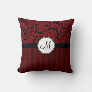 Zwart op Red Floral Wisps & Stripes met monogram Kussen