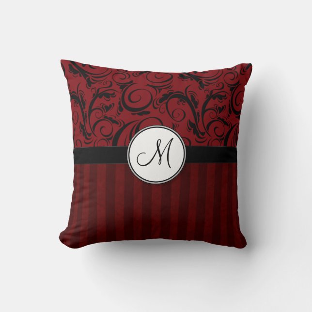 Zwart op Red Floral Wisps & Stripes met monogram Kussen (Voorkant)