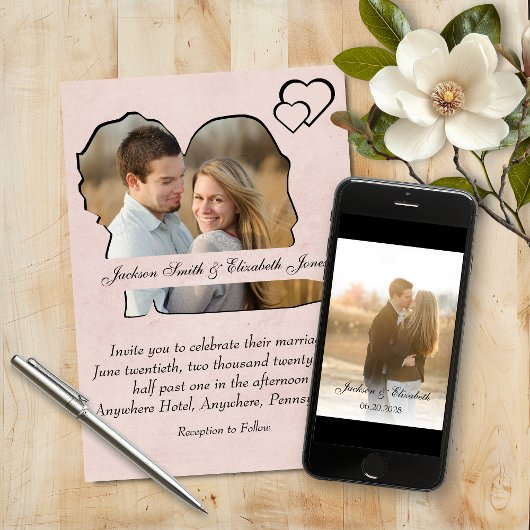 Zwart op Roos bruid en bruidegom vorm foto bruilof Kaart