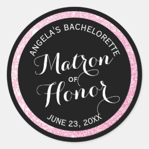 Zwart op Roze Glitter Matron of Honor Bachelorette Ronde Sticker
