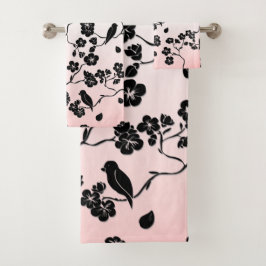 Zwart op roze patroonvogels en Cherry Blossom Bad Handdoek