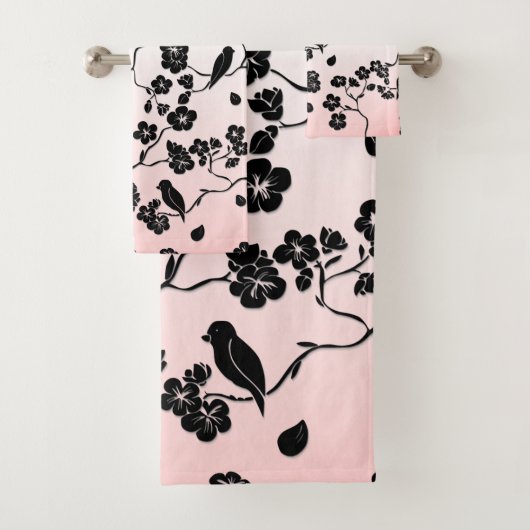 Zwart op roze patroonvogels en Cherry Blossom Bad Handdoek (Insitu)