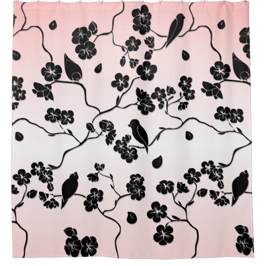 Zwart op roze patroonvogels en Cherry Blossom Douchegordijn (Voorkant)