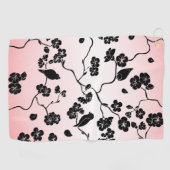 Zwart op roze patroonvogels en Cherry Blossom Golfhanddoek (Horizontaal)