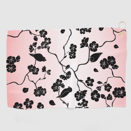 Zwart op roze patroonvogels en Cherry Blossom Golfhanddoek (Horizontaal)