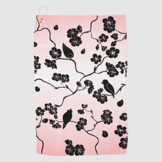 Zwart op roze patroonvogels en Cherry Blossom Golfhanddoek (Voorkant)