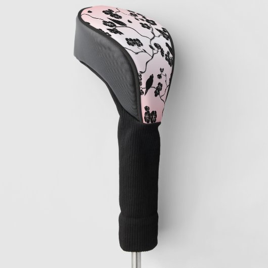 Zwart op roze patroonvogels en Cherry Blossom Golfheadcover (Schuin)