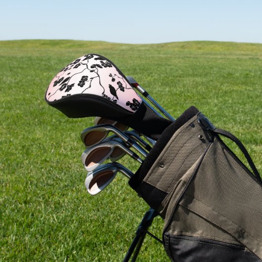 Zwart op roze patroonvogels en Cherry Blossom Golfheadcover (Insitu)