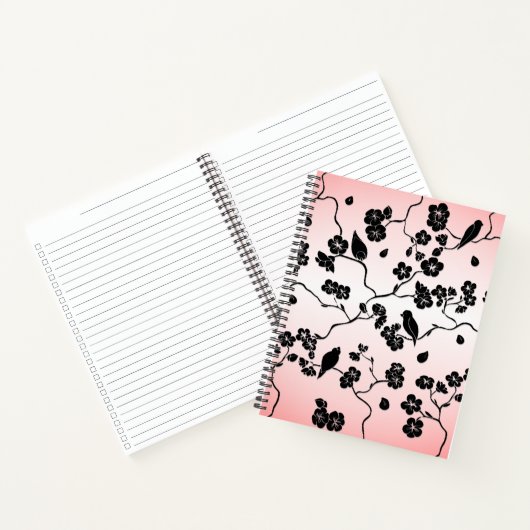 Zwart op roze patroonvogels en Cherry Blossom Notitieboek (Binnen)